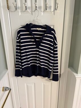 Madewell Navy & White Striped V-Neck Sweater